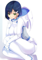 Rule 34 | 10s, 1girl, blush, bodysuit, breasts, colored eyelashes, darling in the franxx, feet out of frame, finger to mouth, green eyes, green hair, hair ornament, hairclip, highres, ichigo (darling in the franxx), impossible bodysuit, impossible clothes, large breasts, legs together, looking at viewer, open mouth, pilot suit, reclining, sabano niwatori, short hair, simple background, skin tight, solo, white background, white bodysuit