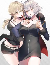 Rule 34 | 2girls, ahoge, artoria pendragon (all), artoria pendragon (fate), belt, black dress, black jacket, black tank top, blonde hair, blush, breasts, bubble tea, cape, cleavage, coat, cup, dark persona, dress, drinking, drinking straw, fate/grand order, fate (series), fur-trimmed coat, fur-trimmed jacket, fur-trimmed sleeves, fur collar, fur trim, hand on own hip, highres, jacket, jeanne d&#039;arc (fate), jeanne d&#039;arc alter (fate), jeanne d&#039;arc alter (ver. shinjuku 1999) (fate), jewelry, large breasts, long hair, looking at viewer, low-tied long hair, multiple girls, necklace, neko-san (dim.dream), official alternate costume, open mouth, saber alter, saber alter (ver. shinjuku 1999) (fate), short hair, short shorts, shorts, silver hair, tank top, thighs, white belt, yellow eyes
