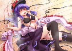 Rule 34 | 1girl, black bra, black hat, black thighhighs, blush, bra, breasts, cable, closed eyes, clothes down, electrocution, entangled, female focus, hat, hat ribbon, highres, large breasts, long hair, lying, maru daizu (aqua6233), midriff, nagae iku, navel, on back, open clothes, open mouth, open shirt, over-kneehighs, purple hair, ribbon, shawl, shirt, shirt down, skirt, skirt set, solo, sparks, sweat, thighhighs, thighs, touhou, underboob, underwear, wavy mouth, wooden floor, zettai ryouiki