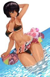 Rule 34 | 1girl, arm behind head, black hair, breasts, cleavage, closed mouth, commentary, commission, dutch angle, english commentary, highres, looking at viewer, medium breasts, navel, ocean, original, outdoors, short hair, tan, tanline, tomatolover16, wading, wet