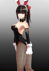 Rule 34 | 1girl, animal ears, animal hands, bare shoulders, black hair, bow, bowtie, breasts, cleavage, collar, elbow gloves, fake animal ears, fishnet pantyhose, fishnets, from side, gloves, gradient background, grey background, head tilt, highres, leotard, long hair, looking at viewer, narberal gamma, overlord (maruyama), pantyhose, paw gloves, playboy bunny, ponytail, purple eyes, rabbit ears, rabbit tail, ribbon, sideboob, solo, standing, tail, zetsuei (zetto)