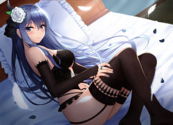 Rule 34 | 1girl, arm warmers, ass, bare shoulders, bed, black panties, blue hair, blush, breasts, brown thighhighs, bustier, commentary request, copyright request, feathers, flower, garter straps, hair flower, hair ornament, highres, jewelry, large breasts, lingerie, long hair, looking at viewer, lying, nail polish, navel, no shoes, on bed, on side, panties, parted lips, petals, pillow, purple eyes, ring, rko (a470350510), sidelocks, solo, thighhighs, underwear, very long hair
