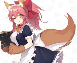 Rule 34 | ;p, animal ear fluff, animal ears, animal hands, apron, bell, black dress, blush, bow, breasts, bright pupils, brown eyes, brown gloves, circle, closed mouth, collar, dress, fate/grand order, fate (series), fox ears, fox tail, frilled apron, frilled dress, frills, from side, gloves, hair between eyes, hair bow, holding, jingle bell, long hair, looking at viewer, looking to the side, maid headdress, medium breasts, muryotaro, one eye closed, paw gloves, pink hair, ponytail, puffy short sleeves, puffy sleeves, red bow, short sleeves, shrimp, sidelocks, tail, tamamo (fate), tamamo cat (fate), tongue, tongue out, triangle, v-shaped eyebrows, white apron