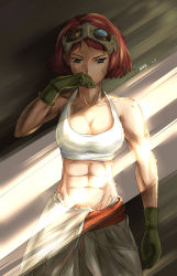 Rule 34 | 10s, 1girl, abs, absurdres, bare shoulders, biceps, breasts, cleavage, female focus, gloves, goggles, goggles on head, green eyes, green gloves, han xiao xue beifang xue ji, highres, koutetsujou no kabaneri, looking at viewer, midriff, muscular, muscular female, red hair, short hair, solo, steampunk, tank top, toned, yukina (kabaneri)