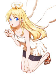 Rule 34 | 1other, aesice, angel, angel wings, bare shoulders, bike shorts, black shorts, blonde hair, blue eyes, broken halo, crimvael, dress, flying, halo, highres, ishuzoku reviewers, long hair, open mouth, sandals, short dress, shorts, simple background, solo, strapless, strapless dress, white background, white dress, wings