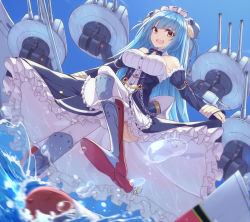 Rule 34 | 1girl, armored boots, azur lane, blue hair, boots, breasts, cannon, day, detached sleeves, hair ornament, large breasts, long hair, looking down, mag (mag42), maid headdress, neptune (azur lane), open mouth, red eyes, sky, solo, torpedo, water, water drop, weapon