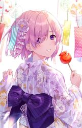 Rule 34 | 1girl, :d, alternate costume, artist name, blush, candy apple, commentary, day, fate/grand order, fate (series), festival, floral print, flower, flower request, food, from behind, hair flower, hair ornament, hair over one eye, hands up, holding, holding stick, japanese clothes, kimono, kuroki (ma-na-tu), looking at viewer, looking back, mash kyrielight, obi, one eye covered, open mouth, outdoors, pink hair, print kimono, purple eyes, purple pupils, sash, short hair, signature, smile, solo, standing, stick, summer, swept bangs, tanabata, tanzaku, upper body, white background, yukata