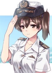 Rule 34 | 1girl, brown eyes, brown hair, closed mouth, commentary request, dress shirt, epaulettes, female service cap, hair tie, hat, highres, insignia, japan maritime self-defense force, japan self-defense force, kaga (kancolle), kantai collection, kuroi mimei, long hair, looking at viewer, military, military hat, salute, shirt, short sleeves, side ponytail, solo, upper body, white hat, white shirt