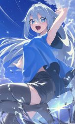 Rule 34 | 1girl, absurdres, armpits, black shorts, black thighhighs, blue eyes, blue hair, blue shirt, blue sky, breasts, cloud, day, eyelashes, highres, long hair, looking at viewer, medium breasts, ocean, open mouth, original, outdoors, ponderogen, shirt, short sleeves, shorts, sky, smile, solo, thighhighs, water, wide sleeves