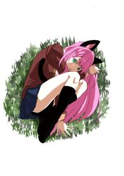 Rule 34 | 10s, 1girl, animal ears, bad id, bad pixiv id, cat ears, cat tail, fetal position, from above, full body, grass, green eyes, hashimoto nyaa, highres, homare eito, kneehighs, looking at viewer, multicolored hair, osomatsu-san, osomatsu (series), pink hair, plantar flexion, pleated skirt, school uniform, skirt, socks, solo, streaked hair, tail, transparent background
