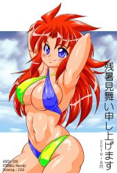 Rule 34 | 1girl, armpits, arms behind head, beach, bikini, blush, breasts, cameltoe, cleavage, covered erect nipples, eternal melody, fang, highres, large breasts, legs, long hair, looking at viewer, navel, ocean, pointy ears, red hair, smile, solo, swimsuit, thick thighs, thighs, tina harvel, toned, water