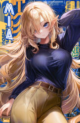 Rule 34 | 1girl, absurdres, arm behind head, arm up, belt, belt buckle, blonde hair, blue eyes, breasts, buckle, closed mouth, cover, cover page, cowboy shot, elf, hair over one eye, highres, large breasts, long hair, long sleeves, looking at viewer, magazine cover, nekodayo22, original, pants, pointy ears, solo, very long hair