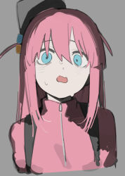 Rule 34 | 1girl, aqua eyes, bags under eyes, bocchi the rock!, cropped torso, cube hair ornament, gotoh hitori, grey background, hair between eyes, hair ornament, jacket, long hair, looking at viewer, one side up, open mouth, pale skin, pink hair, pink jacket, simple background, sirayukisiu, sketch, solo, sweat, upper body