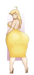 Rule 34 | 1girl, applejack, ass, blonde hair, blush, breasts, choker, curvy, dress, female focus, full body, green eyes, high heels, highres, huge ass, large breasts, long hair, looking back, my little pony, my little pony: friendship is magic, nsfwskully, personification, sideboob, solo, strapless, strapless dress, wide hips