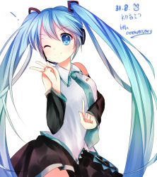 Rule 34 | 1girl, bad id, bad pixiv id, character name, dated, detached sleeves, hatsune miku, headset, long hair, necktie, one eye closed, simple background, skirt, smile, solo, twintails, v, venn (vebonbon), very long hair, vocaloid, white background, wink
