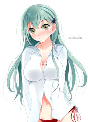 Rule 34 | 10s, 1girl, absurdres, aqua hair, bad id, bad pixiv id, blush, breasts, brown eyes, cleavage, dress shirt, hair ornament, hairclip, highres, kantai collection, large breasts, long hair, looking at viewer, navel, panties, red panties, shirt, side-tie panties, simple background, smile, solo, suzuya (kancolle), tebi (tbd11), underwear, white background