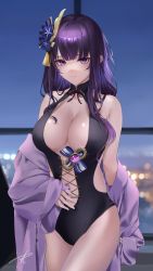 Rule 34 | 1girl, absurdres, arm behind back, black one-piece swimsuit, breasts, cowboy shot, genshin impact, hair ornament, hand on own stomach, highres, indoors, large breasts, light smile, long hair, looking at viewer, mole, mole under eye, off shoulder, one-piece swimsuit, purple eyes, purple hair, purple robe, purple shirt, raiden shogun, robe, shirt, sidelocks, signature, sleeves past wrists, solo, standing, swimsuit, thighs, vision (genshin impact), yabacha