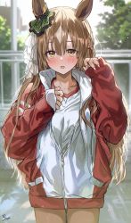 Rule 34 | 1girl, animal ears, artist logo, artist name, blurry, blurry background, blush, braid, brown hair, cowboy shot, half updo, hands up, highres, horse ears, jacket, long hair, looking at viewer, multicolored hair, open mouth, outdoors, partially unzipped, railing, red jacket, satono diamond (umamusume), saya (mychristian2), shirt, sleeves past wrists, solo, standing, track jacket, tree, two-tone hair, umamusume, white shirt, yellow eyes