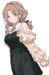 Rule 34 | 1girl, belt, black belt, black dress, black ribbon, breasts, brown eyes, brown hair, closed mouth, collar, cowboy shot, dress, dutch angle, frilled collar, frills, highres, idolmaster, idolmaster shiny colors, long hair, long sleeves, low twintails, migolu, neck ribbon, parted bangs, red nails, ribbon, sidelocks, simple background, sleeves past wrists, smile, solo, tsukioka kogane, twintails, underbust, white background