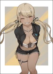Rule 34 | 1girl, ;), absurdres, arms behind back, belt, black belt, black jacket, black ribbon, black shorts, blonde hair, breasts, bustier, collared jacket, commentary request, cutoffs, dark-skinned female, dark skin, downblouse, grin, gyaru, hair ornament, hair ribbon, highres, jacket, jewelry, kaminari qpi, kaminari qpi (3rd costume), leaning forward, lightning bolt symbol, long hair, long sleeves, looking at viewer, low twintails, masato (mirai koubou), medium breasts, navel, necklace, o-ring, o-ring thigh strap, official alternate costume, one eye closed, open clothes, open jacket, orange eyes, parted lips, ribbon, shirt, shorts, side-tie shorts, smile, solo, strapless, swept bangs, thigh strap, thighs, tooth necklace, twintails, very long hair, virtual youtuber, vspo!, white shirt, x hair ornament
