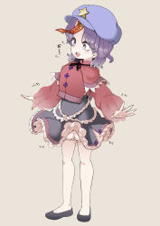 Rule 34 | 1girl, absurdres, black footwear, black ribbon, black skirt, bloomers, blue eyes, blue hat, blush, breasts, cabbie hat, chinese clothes, commentary request, full body, hat, hat ornament, highres, jiangshi, lace-trimmed sleeves, lace trim, layered sleeves, long sleeves, looking afar, medium breasts, miyako yoshika, neck ribbon, ofuda, open mouth, purple hair, red shirt, ribbon, sharp teeth, shika miso, shirt, shoes, short hair, short over long sleeves, short sleeves, simple background, skirt, smile, solo, star (symbol), star hat ornament, tangzhuang, teeth, touhou, underwear, white bloomers