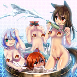 Rule 34 | 3girls, :d, ;d, afloat, animal ears, bad id, bad pixiv id, bath, blush, bow, breasts, brown hair, censored, censored nipples, character censor, chibi, completely nude, covered mouth, detached collar, disembodied head, eyebrows, eyelashes, fangs, fingernails, fins, full-face blush, gradient background, hair between eyes, hair bow, hand on own head, head fins, headless, highres, holding, imaizumi kagerou, jiraiken, long fingernails, long hair, looking at another, mermaid, monster girl, multiple girls, nail polish, navel, novelty censor, nude, one eye closed, open mouth, partially submerged, pump, red eyes, red hair, red nails, red ribbon, ribbon, ribbon trim, rope, sekibanki, shade, sharp fingernails, short hair, small breasts, smile, stomach, summer, sweat, tail, touhou, wading, wakasagihime, water, water pump, wet, wet hair, wolf ears, wolf tail, yuri