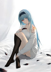 Rule 34 | 1girl, absurdres, anming, black pantyhose, blue hair, closed mouth, clothes pull, crossed legs, feathers, girls&#039; frontline, hairband, hand on leg, highres, holding, holding feather, long hair, looking at viewer, no shoes, pantyhose, pantyhose pull, red eyes, scar, scar on arm, scar on leg, scar on neck, shirt, simple background, sitting, solo, thunder (girls&#039; frontline), white shirt