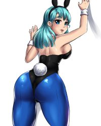 Rule 34 | 1girl, against wall, animal ears, aqua hair, arm up, ass, bare back, bare shoulders, black leotard, blue eyes, blue pantyhose, blush, breasts, bulma, come hither, detached collar, dragon ball, dragon ball (classic), fake animal ears, from behind, hand up, highres, huge ass, large breasts, leonart, leotard, long hair, looking at viewer, looking back, naughty face, pantyhose, playboy bunny, rabbit ears, rabbit tail, shadow, shiny clothes, shiny skin, sideboob, smile, solo, standing, strapless, strapless leotard, tail, wrist cuffs