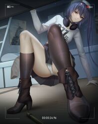 Rule 34 | 1girl, battery indicator, bed, black ribbon, black socks, boots, bunk bed, chinese commentary, commentary request, cross-laced footwear, grey eyes, grey hair, grey headwear, grey skirt, hair ornament, hair ribbon, headphones, headphones around neck, kantai collection, lace-up boots, ladder, long hair, long sleeves, official alternate costume, panties, pleated skirt, recording, reinhanm0n9, ribbon, scamp (kancolle), shirt, side ponytail, skirt, socks, solo, squatting, star (symbol), star hair ornament, timestamp, underwear, viewfinder, white panties, white shirt