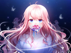 Rule 34 | 1girl, absurdres, ahoge, bug, butterfly, collarbone, covered mouth, dress, flower, flower in mouth, hair between eyes, halter dress, halterneck, highres, insect, long hair, looking at viewer, multicolored flower, original, pink flower, pink hair, purple eyes, purple flower, rose, solo, white butterfly, white dress, youwon0417