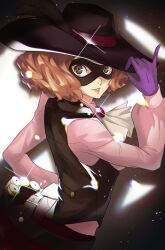 Rule 34 | 1girl, absurdres, ascot, black eyes, black hat, black mask, black vest, brown hair, commentary, english commentary, gloves, grin, hat, hat feather, highres, lips, long sleeves, looking at viewer, mask, masked, okumura haru, persona, persona 5, pink lips, pink shirt, purple gloves, shirt, short hair, smile, solo, vest, wanderstillart, white ascot