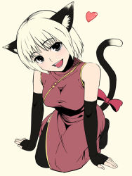 Rule 34 | 1girl, animal ears, bad id, bad pixiv id, breasts, cat ears, cat tail, china dress, chinese clothes, dress, elbow gloves, fingerless gloves, gloves, kneeling, nyamota, ribbon, short hair, solo, tail, tail ornament, tail ribbon, thighhighs