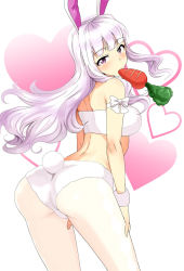 Rule 34 | 1girl, animal ears, ass, blush, bow, breasts, carrot, fishnet pantyhose, fishnets, from behind, heart, idolmaster, idolmaster (classic), large breasts, long hair, mouth hold, pantyhose, purple eyes, rabbit ears, rabbit tail, shijou takane, silver hair, solo, tail, tsurui, white pantyhose