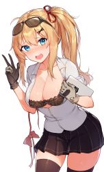 Rule 34 | 1girl, :d, absurdres, ahoge, black skirt, blue eyes, blush, bow, bowtie, unworn bowtie, bra, breasts, brown bra, brown gloves, brown thighhighs, buttons, cleavage, collarbone, collared shirt, commentary request, cowboy shot, dress shirt, eyewear on head, girls&#039; frontline, gloves, hair ribbon, hand up, highres, holding, kalina (girls&#039; frontline), large breasts, long hair, looking at viewer, miniskirt, nose blush, open mouth, orange hair, partially unbuttoned, pleated skirt, ponytail, revision, ribbon, rikoma, shirt, short sleeves, sidelocks, simple background, skirt, smile, solo, standing, sunglasses, sunglasses on head, thighhighs, underwear, w, white background, white shirt, zettai ryouiki