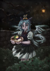 Rule 34 | 1girl, berry, blue eyes, blue hair, blush, bow, cake, child, cirno, doll, food, green hair, hair bow, hat, highres, holding, ice, ice wings, image sample, komeiji koishi, lamppost, matching hair/eyes, mima (touhou), perfect cherry blossom, ribbon, short hair, smile, snow, snowing, solo, teeth, touhou, touhou (pc-98), tree, wings, winter, zucreelo