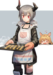 Rule 34 | 2girls, :&lt;, animal ears, apron, arknights, artist name, black camisole, black jacket, blush, blush stickers, broken horn, brown hair, camisole, ceobe (arknights), choker, closed eyes, commentary, cookie, dog ears, dog girl, fang, female focus, food, grey hair, hair between eyes, heart, highres, holding, holding tray, hood, hood down, hoodie, horns, jacket, long hair, long sleeves, looking at object, material growth, mitake eil, multiple girls, open mouth, oripathy lesion (arknights), oven mitts, peeking, prosthesis, prosthetic leg, red eyes, saliva, short hair, signature, steam, thigh strap, tray, vulcan (arknights)