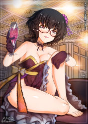 Rule 34 | 1girl, alcohol, barefoot, black hair, blue eyes, blush, breasts, champagne, cleavage, collarbone, covered navel, flower, girls und panzer, glasses, hair flower, hair ornament, highres, indoors, large breasts, looking at viewer, megadeko, open mouth, oryou (girls und panzer), shiny skin, short hair, smile, solo