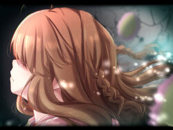 Rule 34 | 1girl, ahoge, blurry, blurry background, blush, braid, brown hair, close-up, closed mouth, commentary request, covered eyes, crying, depth of field, flower, from side, frown, hair between eyes, kanbe kotori, long hair, nose, pink flower, profile, rewrite, sidelocks, solo, streaming tears, tagame (tagamecat), tears, twin braids, vignetting, wavy hair