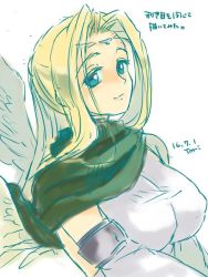 Rule 34 | 1girl, angel wings, aquaplus, blonde hair, blue eyes, breasts, closed mouth, covered erect nipples, feathered wings, from side, green scarf, kitarune, large breasts, large wings, leotard, long hair, looking at viewer, raised eyebrows, scarf, sidelocks, signature, sleeveless, smile, solo, taut clothes, taut leotard, upper body, ulthury, utawarerumono, very long hair, wings