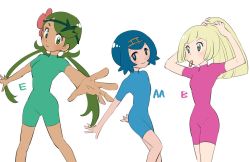 Rule 34 | 3girls, blonde hair, blue eyes, blue hair, creatures (company), djmn c, game freak, green eyes, green hair, lana (pokemon), lillie (pokemon), mallow (pokemon), multiple girls, nintendo, pokemon, pokemon (anime), pokemon sm, pokemon sm (anime), ponytail, spandex, ultra guardians