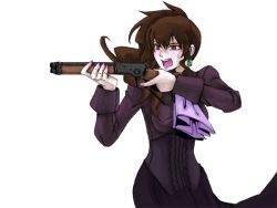 Rule 34 | 00s, brown hair, double rifle, dress, earrings, gun, jewelry, lever-action rifle, lever action, makeup, multiple-barrel firearm, over-and-under-barreled rifle, ponytail, rifle, sawed-off rifle, sawed winchester gun, solo, umineko no naku koro ni, ushiromiya natsuhi, weapon, winchester model 1894