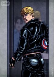 Rule 34 | 2boys, alternate costume, ass, bad id, bad tumblr id, bara, black hair, blonde hair, captain america, collared jacket, couple, cris art, fanfic, feet out of frame, hulkling, jacket, leather, leather jacket, leather pants, lip piercing, looking at viewer, looking back, male focus, marvel, merchandise, midriff peek, multiple boys, muscular, muscular male, pants, piercing, reflection, short hair, sideburns, smile, standing, thick eyebrows, wiccan, yaoi