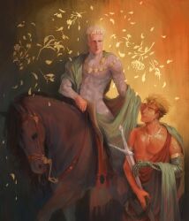 Rule 34 | 2boys, absurdres, ancient greek clothes, armlet, bare shoulders, blonde hair, bodysuit, brothers, cloak, closed eyes, closed mouth, commentary, covered abs, earrings, english commentary, flower, greco-roman clothes, green cloak, grey bodysuit, hair flower, hair ornament, head wreath, head wreath removed, highres, holding, holding sword, holding weapon, horseback riding, jewelry, looking at another, male focus, mechanical arms, millions knives, mole, mole under eye, multiple boys, necklace, petals, prosthesis, prosthetic arm, red flower, riding, sharp teeth, siblings, single mechanical arm, sleeveless, smile, spiked hair, standing, sword, teeth, toned, toned male, trigun, trigun stampede, undercut, vash the stampede, weapon, wolfholz
