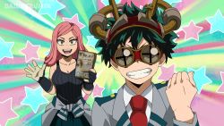 Rule 34 | 1boy, 1girl, artist name, bare shoulders, blush, boku no hero academia, breasts, cleavage, collarbone, collared shirt, gloves, goggles, goggles on head, green eyes, green hair, grey jacket, grin, hand up, hands up, hatsume mei, highres, holding, jacket, krumbs (dailykrumbs), large breasts, looking at viewer, medium hair, midoriya izuku, necktie, official style, open mouth, pink hair, red neckwear, school uniform, shirt, short hair, smile, star (symbol), starry background, striped, symbol-shaped pupils, tank top, waving, yellow eyes