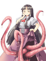 Rule 34 | 1girl, arnest, black hair, blunt bangs, blush, breasts, brown eyes, clothes lift, dress, dress lift, highres, large breasts, lifting own clothes, long hair, looking at viewer, original, puffy short sleeves, puffy sleeves, short sleeves, smile, solo, tentacles