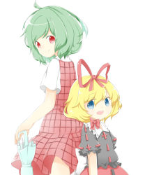 Rule 34 | 2girls, back-to-back, bad id, bad pixiv id, blonde hair, blouse, blue eyes, bow, closed umbrella, ellipsis (mitei), green hair, hair ribbon, highres, kazami yuuka, looking at viewer, looking back, medicine melancholy, multiple girls, open mouth, plaid, plaid skirt, plaid vest, puffy short sleeves, puffy sleeves, red eyes, ribbon, shirt, short hair, short sleeves, simple background, skirt, smile, touhou, umbrella, vest, white background