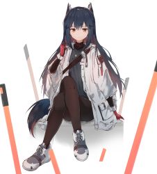 Rule 34 | 1girl, absurdres, animal ears, arknights, arm support, black hair, black pantyhose, black shirt, closed mouth, colored inner hair, commentary, crossed legs, expressionless, fujimaki nora, full body, gloves, highres, jacket, long hair, long sleeves, looking at viewer, multicolored hair, official alternate costume, orange eyes, pantyhose, planted, planted sword, planted weapon, red gloves, red hair, shirt, shoes, shoulder strap, sitting, skirt, solo, sword, tail, texas (arknights), texas (winter messenger) (arknights), weapon, white background, white footwear, white jacket, wolf ears, wolf girl, wolf tail