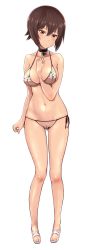 Rule 34 | 10s, 1girl, absurdres, arm at side, arm between breasts, bad id, bad twitter id, bare arms, bare legs, bare shoulders, between breasts, bikini, black neckwear, blush, breasts, brown eyes, brown hair, closed mouth, collarbone, crotch cutout, emblem, expressionless, female pubic hair, floral print, full body, girls und panzer, hand on own chest, highres, inactive account, kuromorimine (emblem), looking at viewer, medium breasts, navel, nipples, nishizumi maho, no legwear, pubic hair, red ribbon, ribbon, see-through, shoes, short hair, side-tie bikini bottom, simple background, solo, standing, stomach, swimsuit, toeless footwear, tsurime, wa (genryusui), white background, white footwear