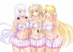 Rule 34 | 3girls, :d, ;d, ahoge, azur lane, bare arms, bare shoulders, blonde hair, blue eyes, bra, braid, braided bun, breasts, brown hair, chenche-jun, cleavage, collarbone, cowboy shot, double bun, formidable (azur lane), hair bun, hair ribbon, hands on own chest, hands up, highres, illustrious (azur lane), large breasts, laurel crown, logo, long hair, looking at viewer, miniskirt, mole, mole under eye, multiple girls, navel, one eye closed, open mouth, pleated skirt, purple eyes, red eyes, revision, ribbon, side-by-side, simple background, single hair bun, skirt, smile, standing, stomach, thumbs up, underwear, v, very long hair, victorious (azur lane), white background, white bra, white hair, white skirt