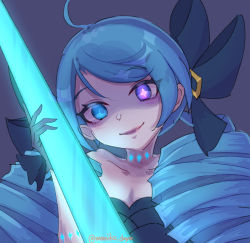 Rule 34 | 1girl, ahoge, blue eyes, blue hair, close-up, drill hair, gloves, gwen (league of legends), highres, league of legends, lipstick, long hair, looking to the side, makeup, matching hair/eyes, purple background, ribbon, scissors, simple background, solo